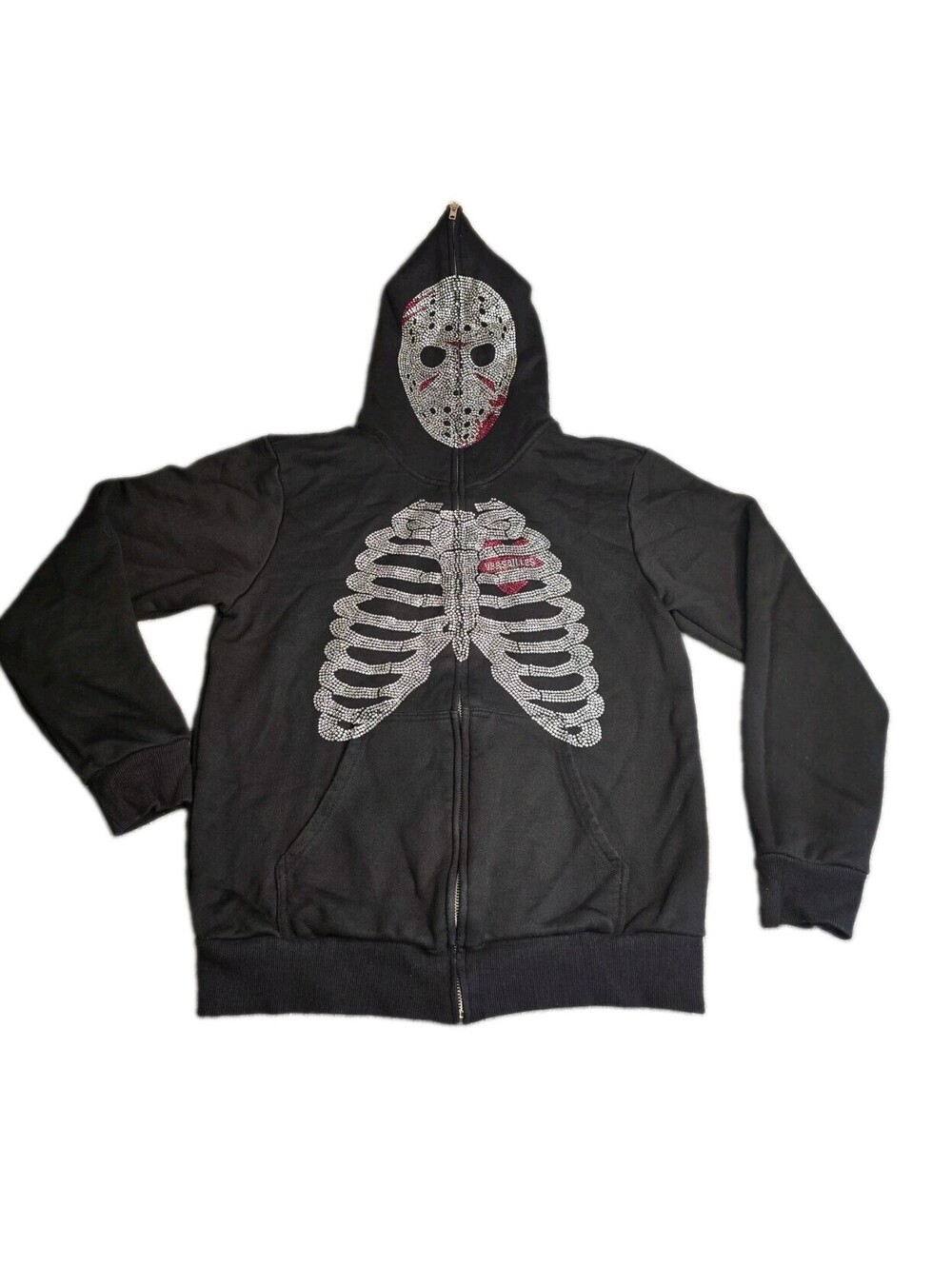 VERSAILLES Rhinestone Skeleton Zip Up Hoodie Size M Jason Mask Streetwear Black
